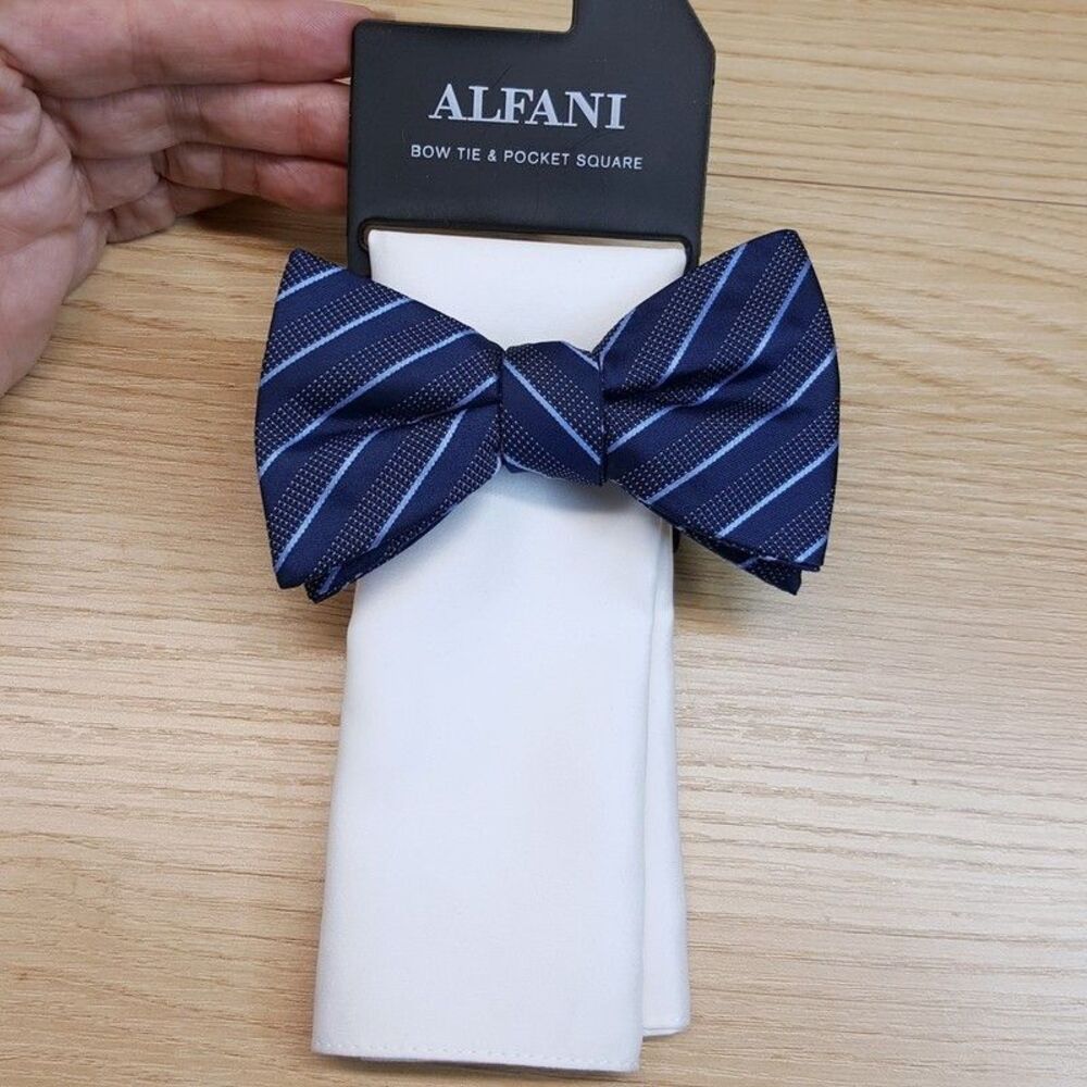 ALFANI Mens Bow Tie & Pocket Square Blue Stripe Solid Satin White Pre-Tied